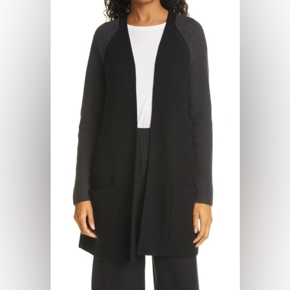 Eileen Fisher Extra Fine Merino Wool Cardigan Sweater Black Gray Size M Longline - Picture 12 of 12